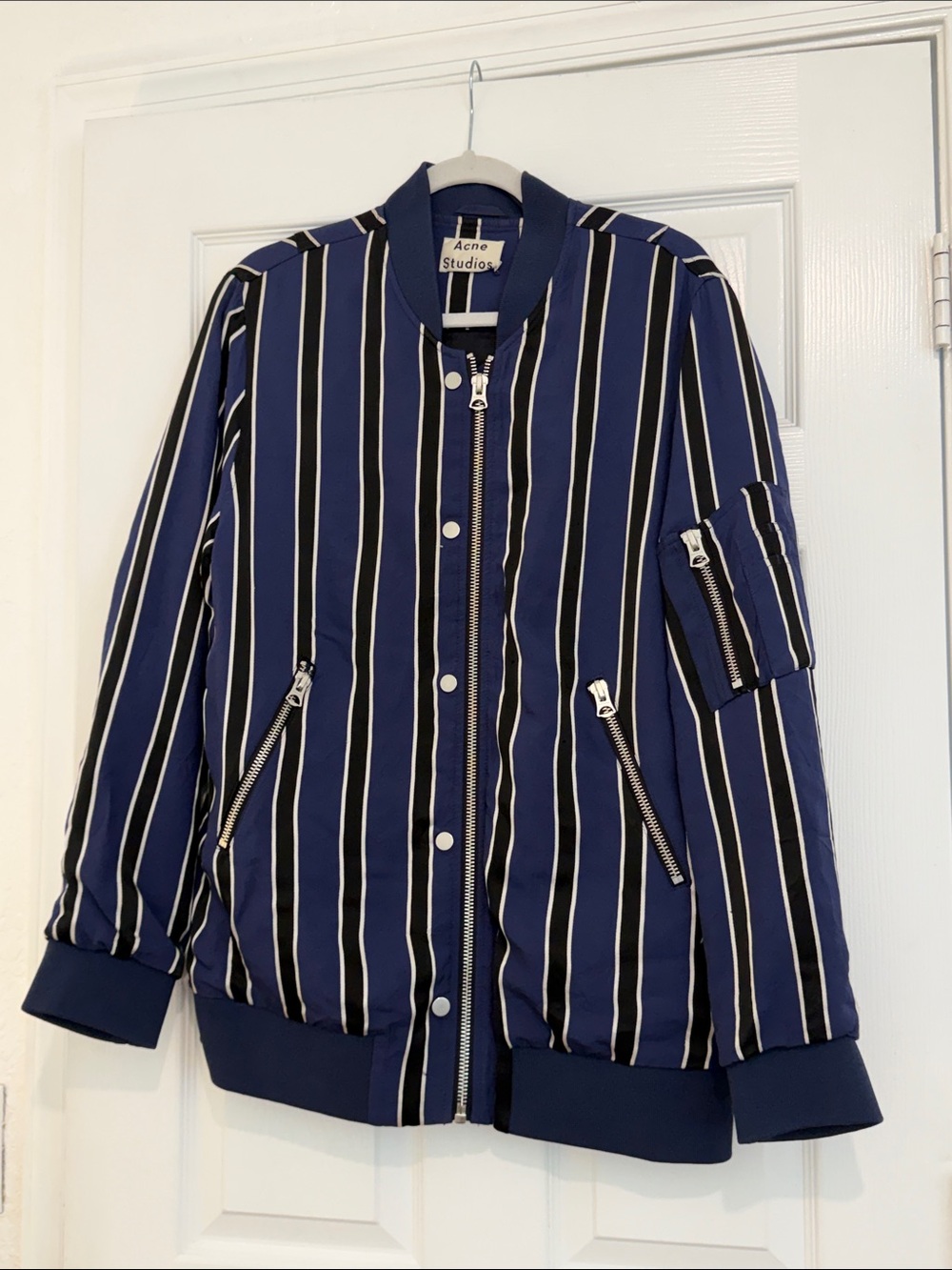 Acne Studios Navy Blue Black White Striped Bomber Jacket